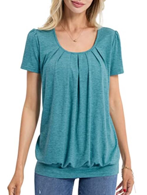 DJT Women's Scoop Neck Pleated Front Blouse Tunic Top