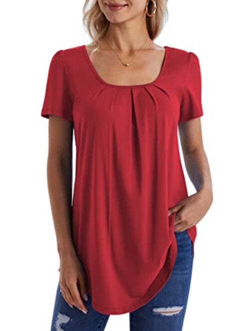 DJT Women's Scoop Neck Pleated Front Blouse Tunic Top