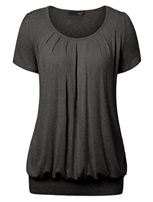 DJT Women's Scoop Neck Pleated Front Blouse Tunic Top