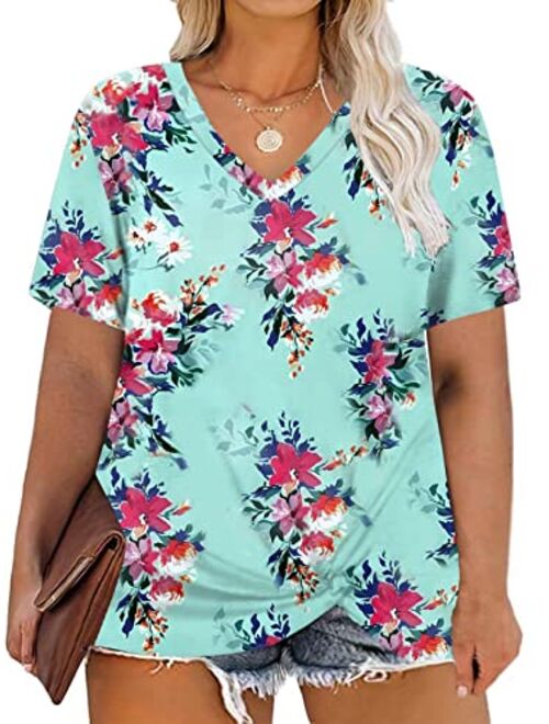 DOLNINE Women's Plus Size Knotted Tops Short Sleeve Tees Casual Tunics Blouses