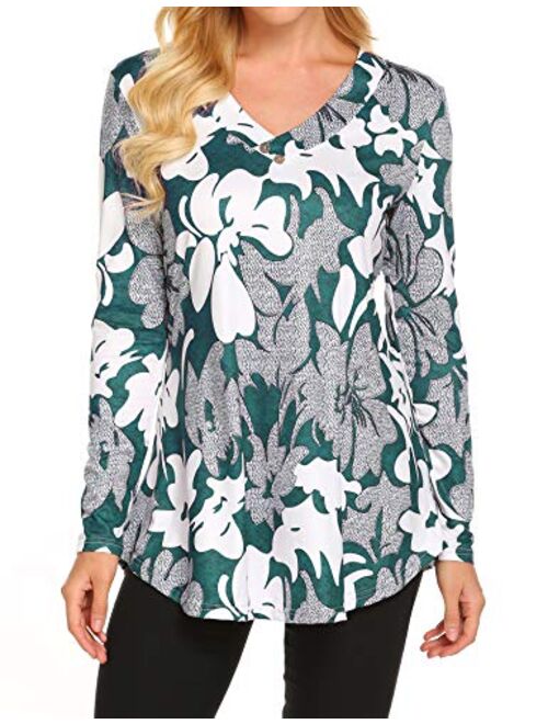 Sweetnight Women Floral Print V Neck Button Decor Peasant Swing Tunic Tops Shirts