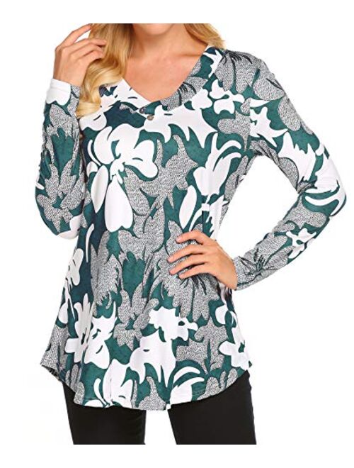 Sweetnight Women Floral Print V Neck Button Decor Peasant Swing Tunic Tops Shirts