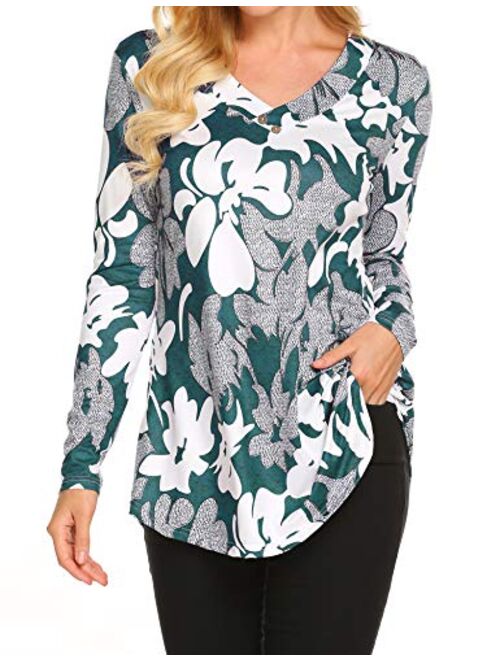 Sweetnight Women Floral Print V Neck Button Decor Peasant Swing Tunic Tops Shirts