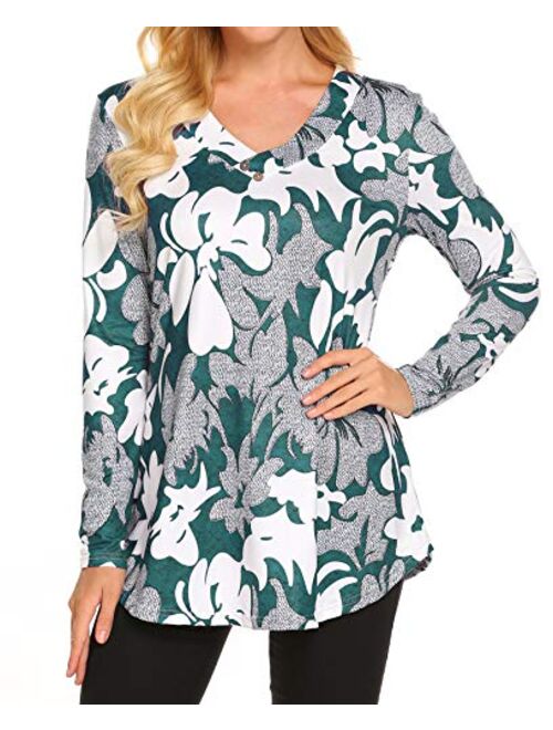 Sweetnight Women Floral Print V Neck Button Decor Peasant Swing Tunic Tops Shirts