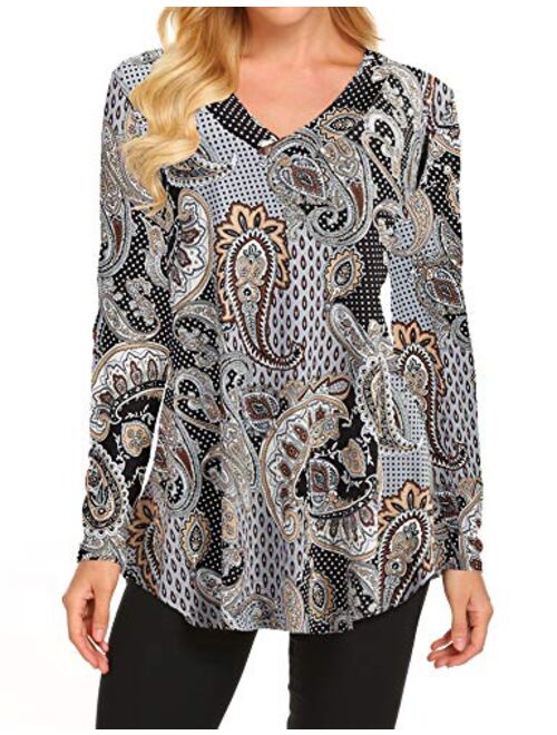 Sweetnight Women Floral Print V Neck Button Decor Peasant Swing Tunic Tops Shirts