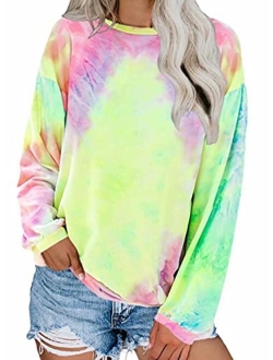 Womens Simple Crewneck Long Sleeve Casual Solid & Tie Dye Thin Pullover Sweatshirts Tops Shirts