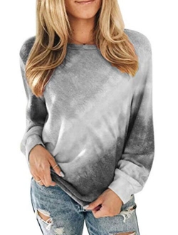 Womens Simple Crewneck Long Sleeve Casual Solid & Tie Dye Thin Pullover Sweatshirts Tops Shirts