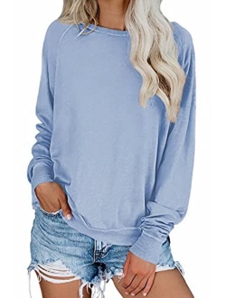 Womens Simple Crewneck Long Sleeve Casual Solid & Tie Dye Thin Pullover Sweatshirts Tops Shirts