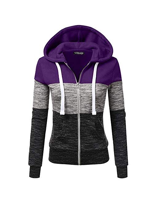 Newbestyle Women's Casual Color Block Zip Up Hoodie Jacket with Pocket