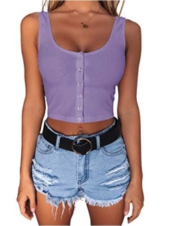 Minthunter Women's Casual Sleeveless Button-Down Shirts Basic Camisole Crop Tank Tops