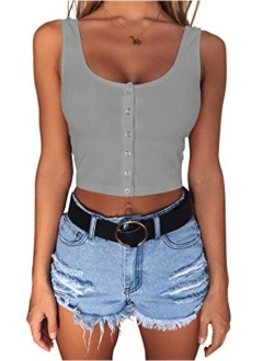 Minthunter Women's Casual Sleeveless Button-Down Shirts Basic Camisole Crop Tank Tops