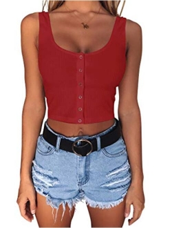 Minthunter Women's Casual Sleeveless Button-Down Shirts Basic Camisole Crop Tank Tops