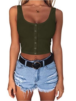 Minthunter Women's Casual Sleeveless Button-Down Shirts Basic Camisole Crop Tank Tops