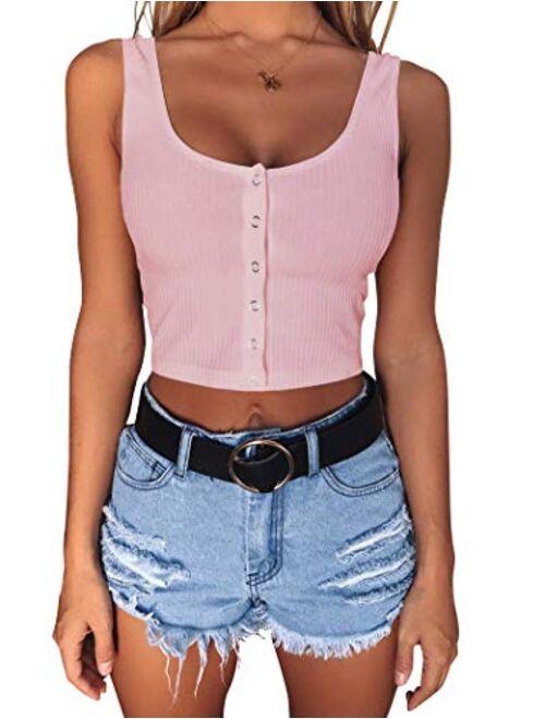 Minthunter Women's Casual Sleeveless Button-Down Shirts Basic Camisole Crop Tank Tops