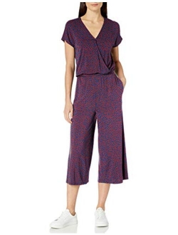 Women's Short-Sleeve Surplice Cropped Wide-Leg Jumpsuit