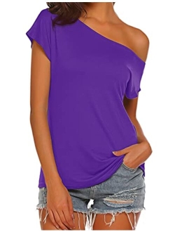 Halife Women's Casual Off Shoulder Tops Short Sleeve T Shirts Loose Summer Blouse Shirt