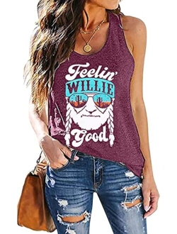 MOUSYA Women Tank Top, Feelin' Willie Good Letter Printed Graphic Vest Top Casual Tee, Gray