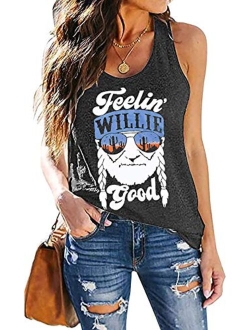 MOUSYA Women Tank Top, Feelin' Willie Good Letter Printed Graphic Vest Top Casual Tee, Gray