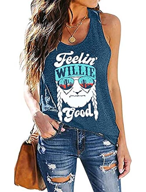 MOUSYA Women Tank Top, Feelin' Willie Good Letter Printed Graphic Vest Top Casual Tee, Gray