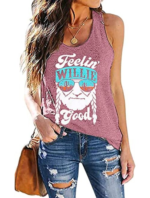 MOUSYA Women Tank Top, Feelin' Willie Good Letter Printed Graphic Vest Top Casual Tee, Gray