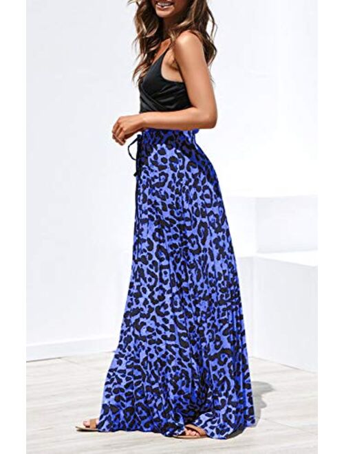 Womens Maxi Skirt Leopard Print Chiffon Beach Pleated High Waisted A-Line Long Skirts