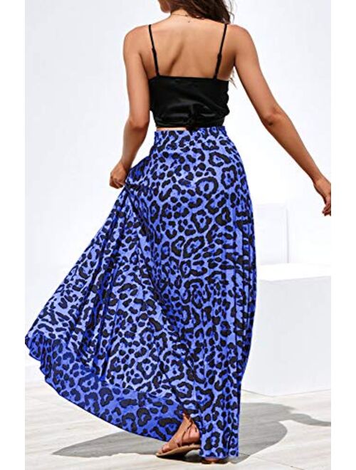 Womens Maxi Skirt Leopard Print Chiffon Beach Pleated High Waisted A-Line Long Skirts