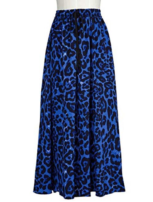 Womens Maxi Skirt Leopard Print Chiffon Beach Pleated High Waisted A-Line Long Skirts