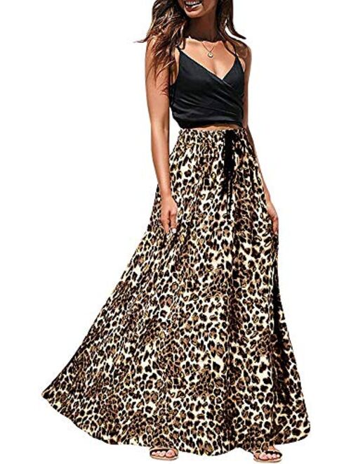 Womens Maxi Skirt Leopard Print Chiffon Beach Pleated High Waisted A-Line Long Skirts