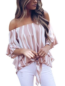 USUASID Women's Striped Off The Shoulder Tops 3/4 Bell Sleeve Tie Knot Casual Blouse Shirts