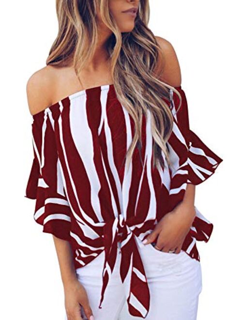 USUASID Women's Striped Off The Shoulder Tops 3/4 Bell Sleeve Tie Knot Casual Blouse Shirts