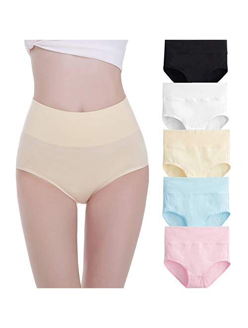 FALARY Women's High Waist Cotton Underwear Full Briefs Ladies Soft Panties 5 Pack