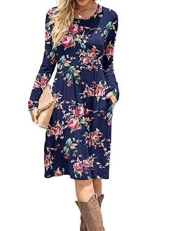 DB MOON Women Casual Long Sleeve Dresses Empire Waist Loose Dress with Pockets