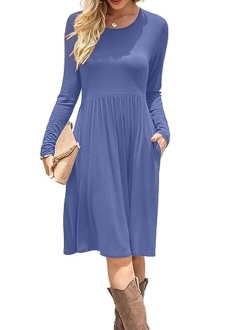 DB MOON Women Casual Long Sleeve Dresses Empire Waist Loose Dress with Pockets