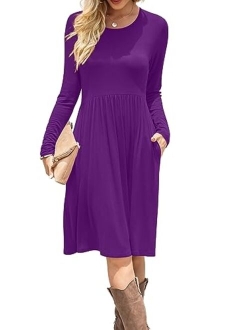 DB MOON Women Casual Long Sleeve Dresses Empire Waist Loose Dress with Pockets