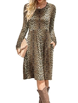 DB MOON Women Casual Long Sleeve Dresses Empire Waist Loose Dress with Pockets