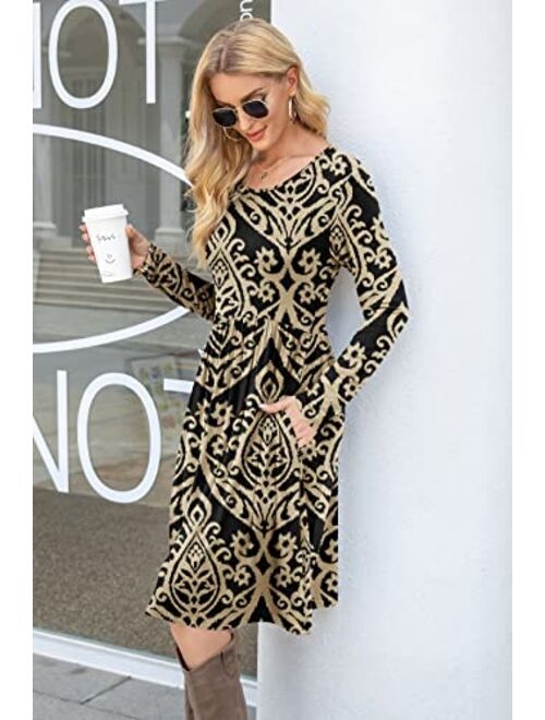 DB MOON Women Casual Long Sleeve Dresses Empire Waist Loose Dress with Pockets