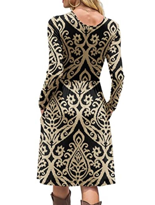 DB MOON Women Casual Long Sleeve Dresses Empire Waist Loose Dress with Pockets