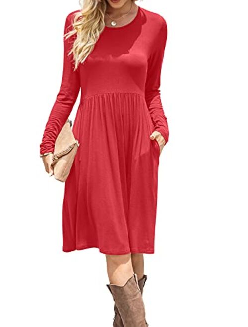 DB MOON Women Casual Long Sleeve Dresses Empire Waist Loose Dress with Pockets