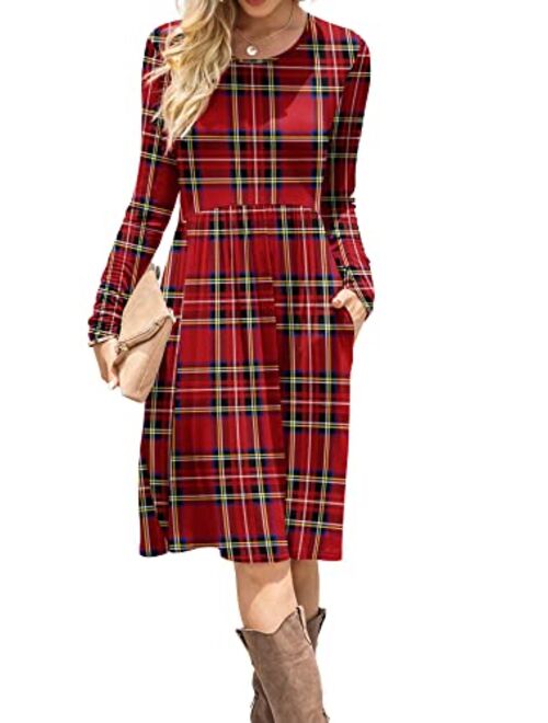 DB MOON Women Casual Long Sleeve Dresses Empire Waist Loose Dress with Pockets