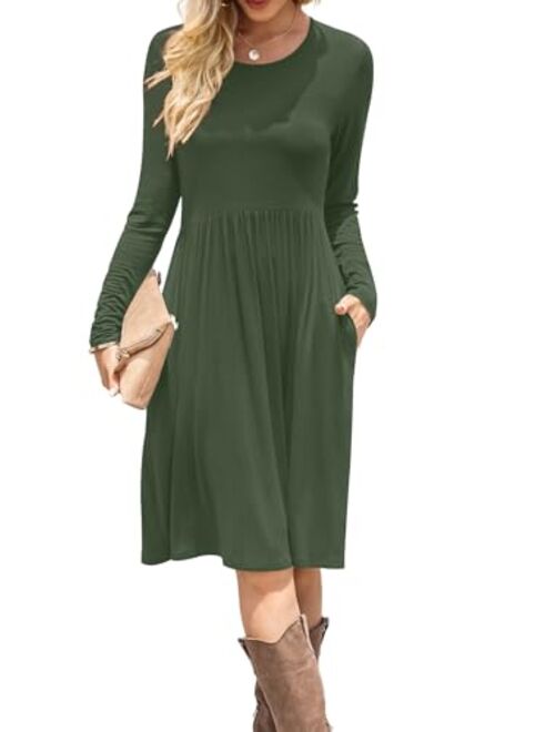 DB MOON Women Casual Long Sleeve Dresses Empire Waist Loose Dress with Pockets