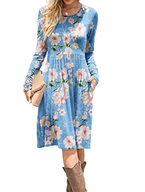 DB MOON Women Casual Long Sleeve Dresses Empire Waist Loose Dress with Pockets