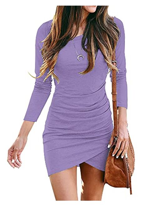 BTFBM Women Fashion Ruched Elegant Bodycon Long Sleeve Wrap Front Solid Color Casual Basic Fitted Short Dress