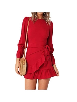 WEEPINLEE Womens Long Sleeve Round Neck Ruffles Wrap Dresses Party Dress