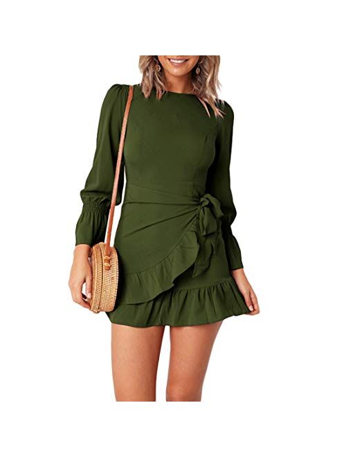 WEEPINLEE Womens Long Sleeve Round Neck Ruffles Wrap Dresses Party Dress