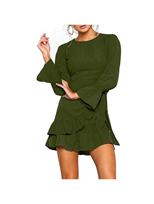 WEEPINLEE Womens Long Sleeve Round Neck Ruffles Wrap Dresses Party Dress