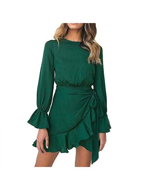 WEEPINLEE Womens Long Sleeve Round Neck Ruffles Wrap Dresses Party Dress