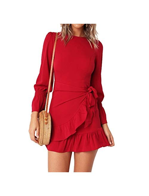 WEEPINLEE Womens Long Sleeve Round Neck Ruffles Wrap Dresses Party Dress