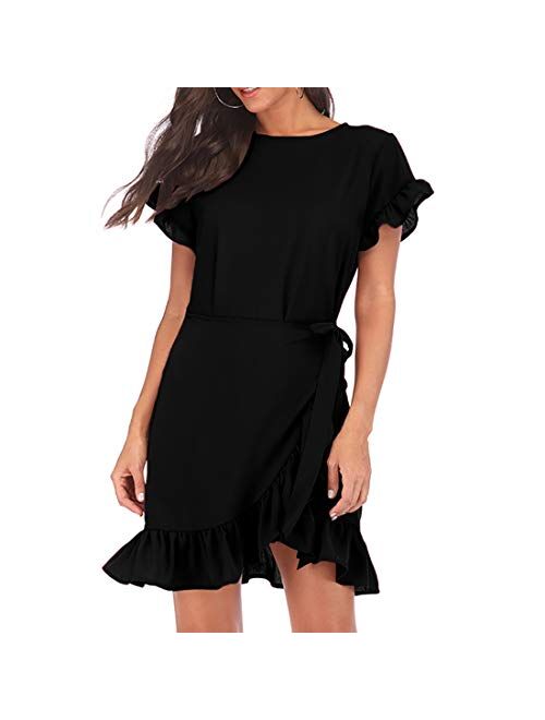 WEEPINLEE Womens Long Sleeve Round Neck Ruffles Wrap Dresses Party Dress