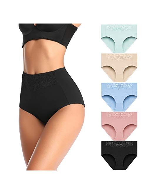 Women's High Waisted Cotton Underwear Soft Breathable Full Coverage Stretch Briefs Ladies Panties 5-Pack