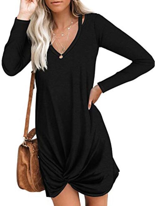 Berryou Women's Casual Short Sleeve V Neck Front Knot Twist Tie T Shirt Dress